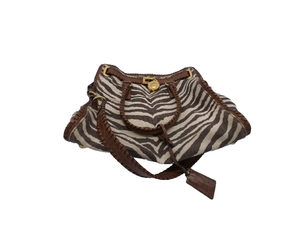 Michael Kors Hamilton Whipped Zebra Canvas Satchel Bag Brown Croc Leather Gold